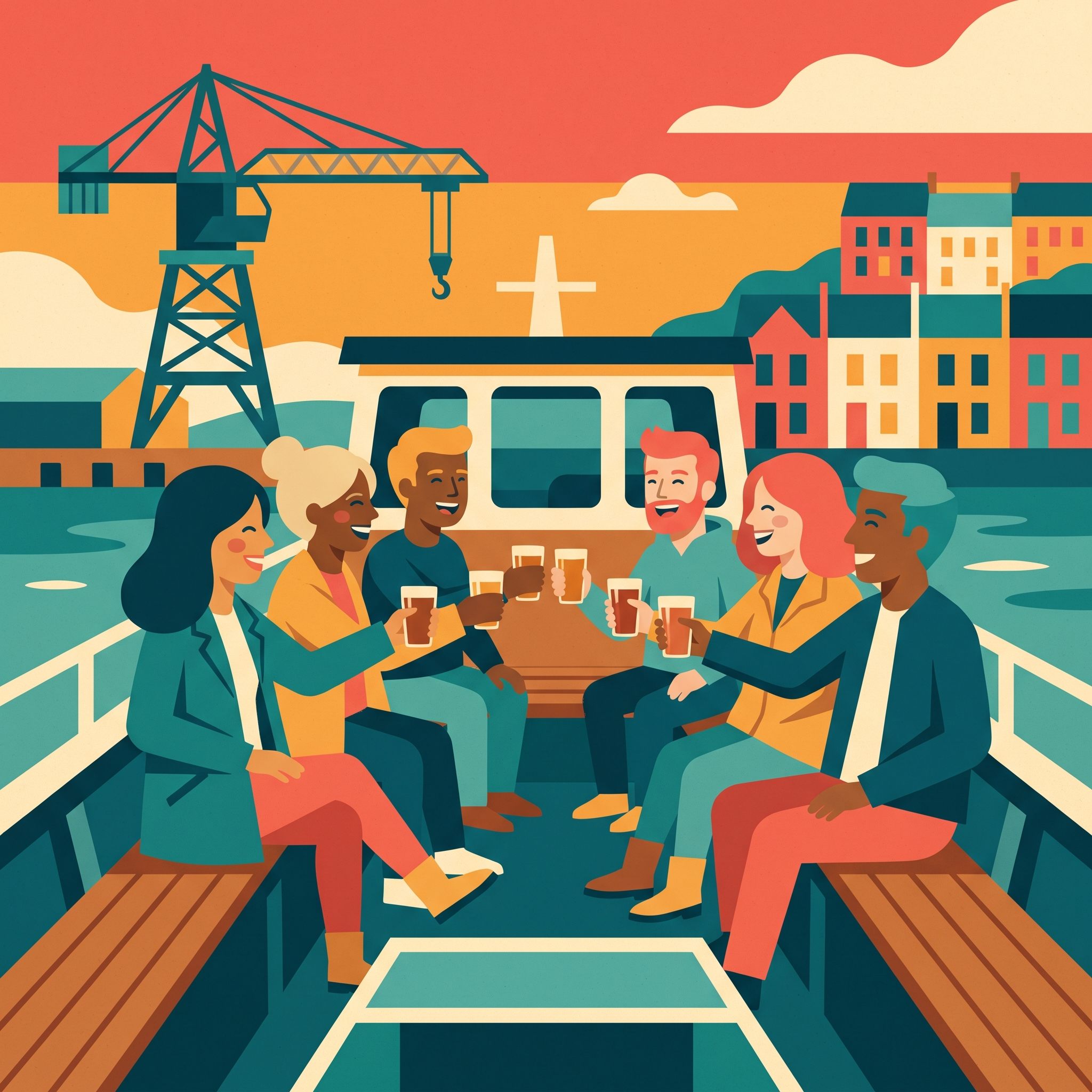 Illustration of a tour group toasting with third-pint glasses of beer aboard the harbour ferry