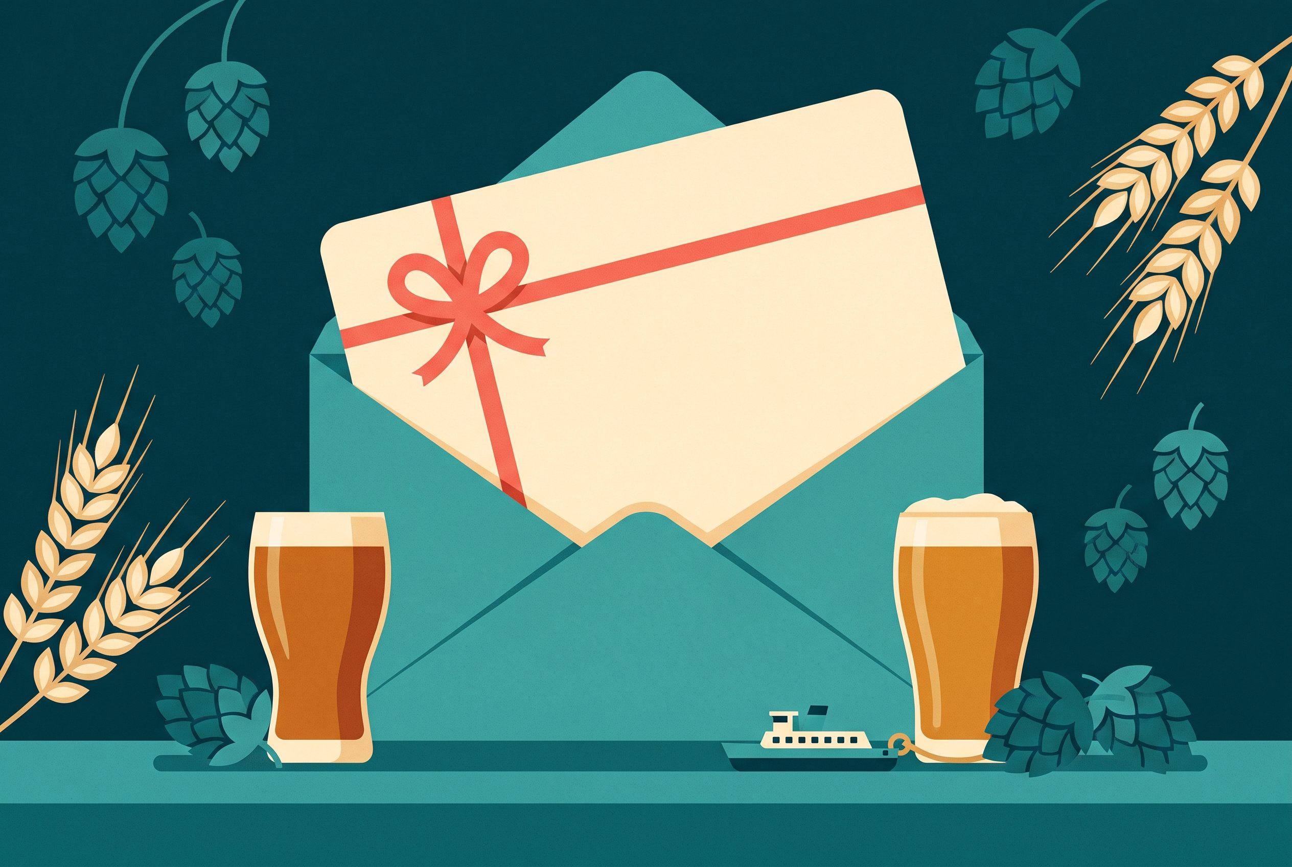 Illustration of a gift card and envelope with a glass of beer and hops