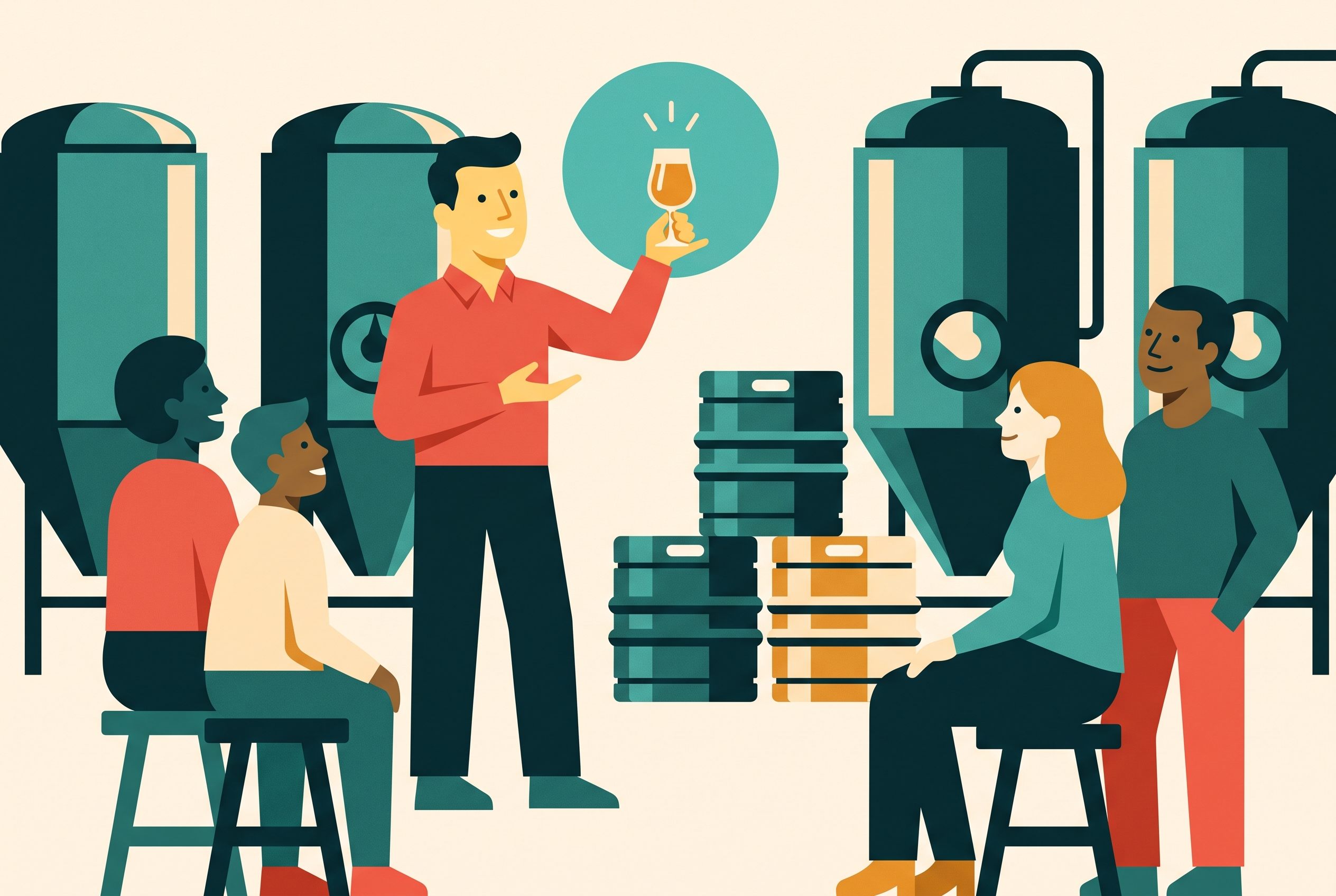 Illustration of a beer guide holding up a tasting glass while explaining to a small group in a taproom